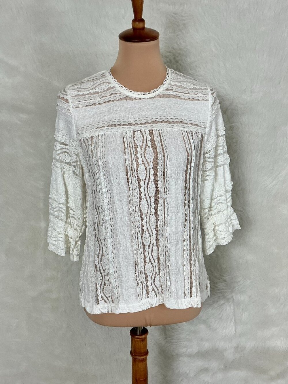 By Anthropologie Ivory 3/4 Sleeve Victorian Lace Top Blouse NWT M